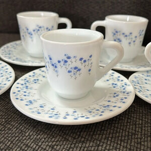 Set  of 5 Retro Harmonia Spanish milk glass coffee mini mug and plate